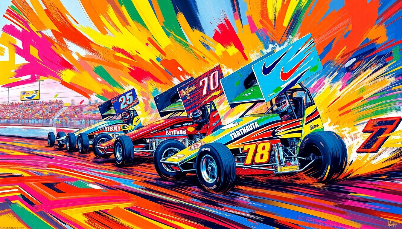 An abstract, energetic painting featuring bold brushstrokes of neon yellow, orange, and blue, capturing the dynamic motion and speed of a sprint car race.