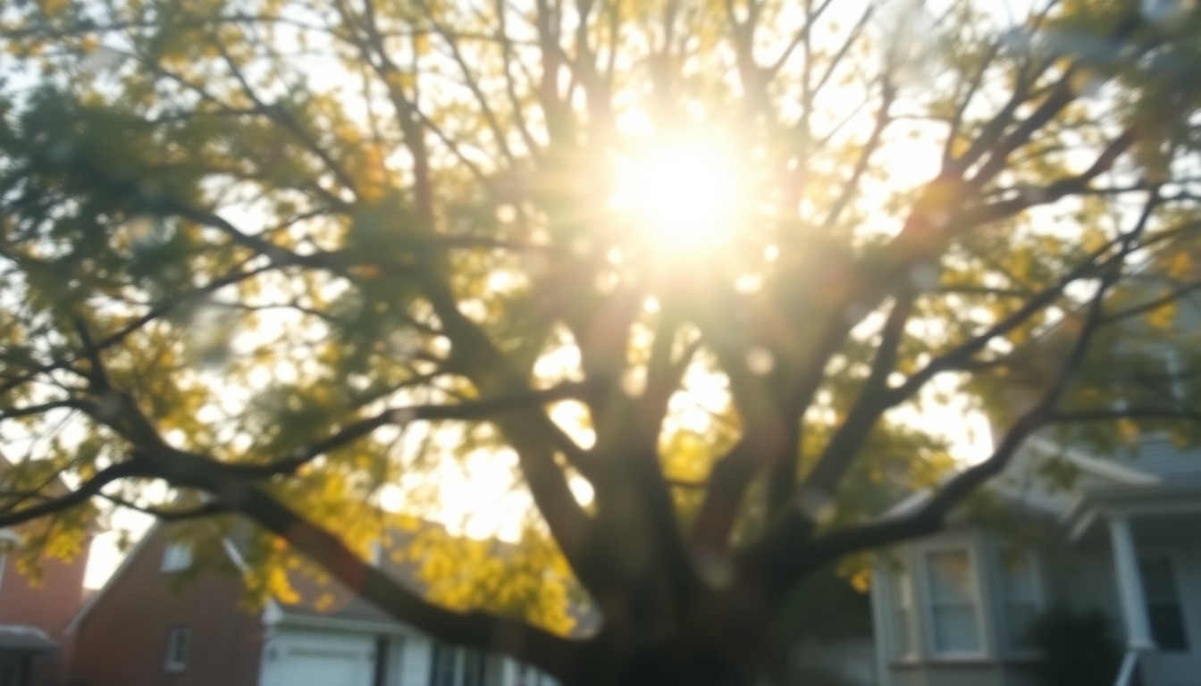 An impressionistic, blurred image of the soft, warm glow of sunlight filtering through the branches and leaves of a mature tree, conceptually representing the community's appreciation for its urban forest.