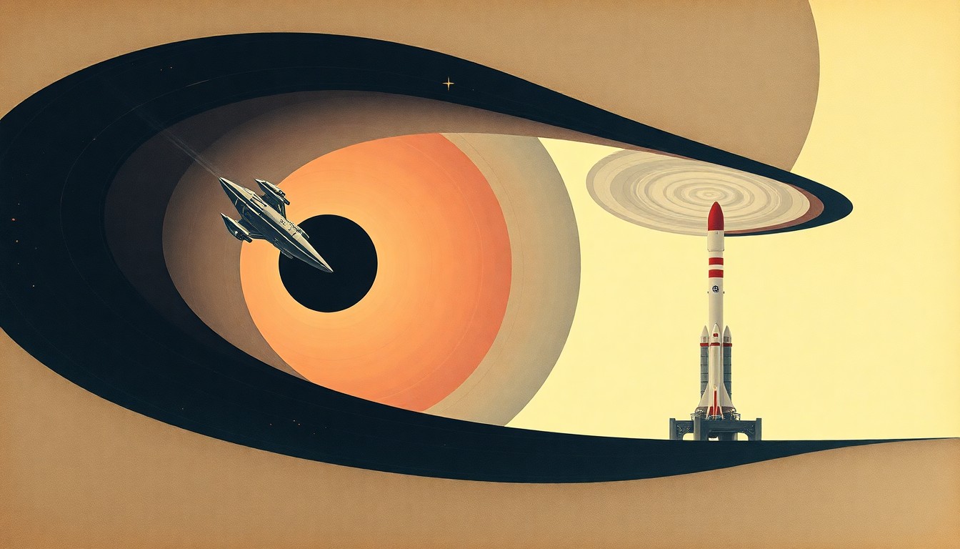 A highly structured abstract painting in soft blues, greens, and grays, featuring sweeping geometric arcs, concentric circles, and precise botanical spirals, conceptually representing the Orion spacecraft and Space Launch System rocket as they propel humanity back to the Moon.