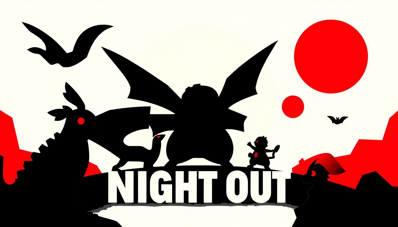 A striking abstract composition of jagged geometric shapes and bold silhouettes in high-contrast red and white, conceptually representing the energy and excitement of the upcoming Pokemon Night Out events.