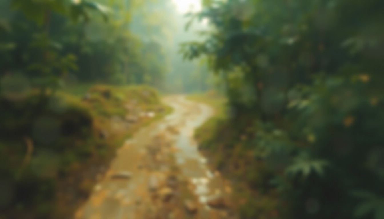 An abstract, impressionistic scene of a muddy hiking trail surrounded by blurred, colorful foliage, conveying the atmospheric mood of a rainy day in the outdoors.
