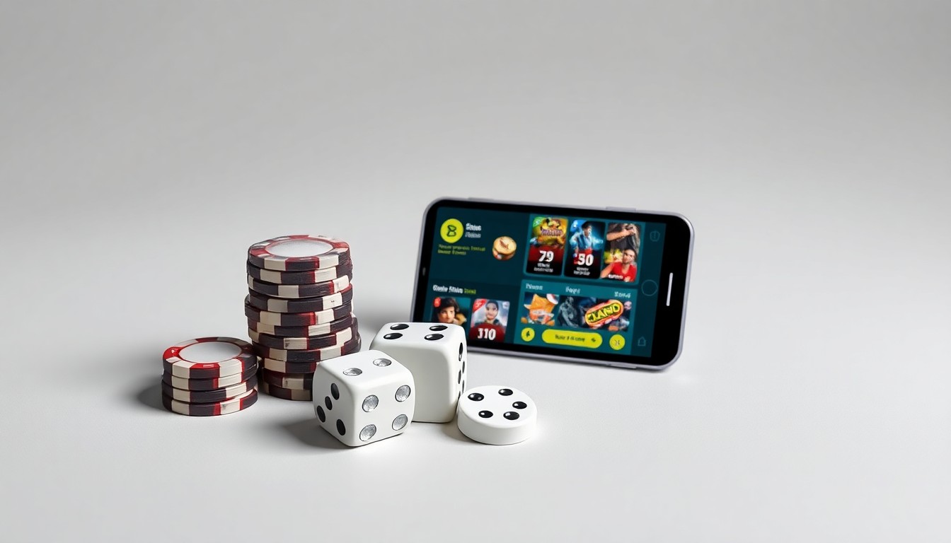 A high-end, photorealistic studio still-life photograph featuring a stack of casino chips, a pair of dice, and a smartphone displaying a casino app interface, all arranged elegantly on a clean, monochromatic background and using dramatic lighting to conceptually represent the evolving online casino industry.