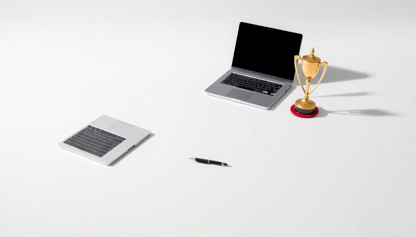 A high-end, photorealistic studio still-life photograph featuring a sleek, modern desk with a laptop, pen, and a trophy or award, representing Goodwin Recruiting's industry accolades and corporate success.