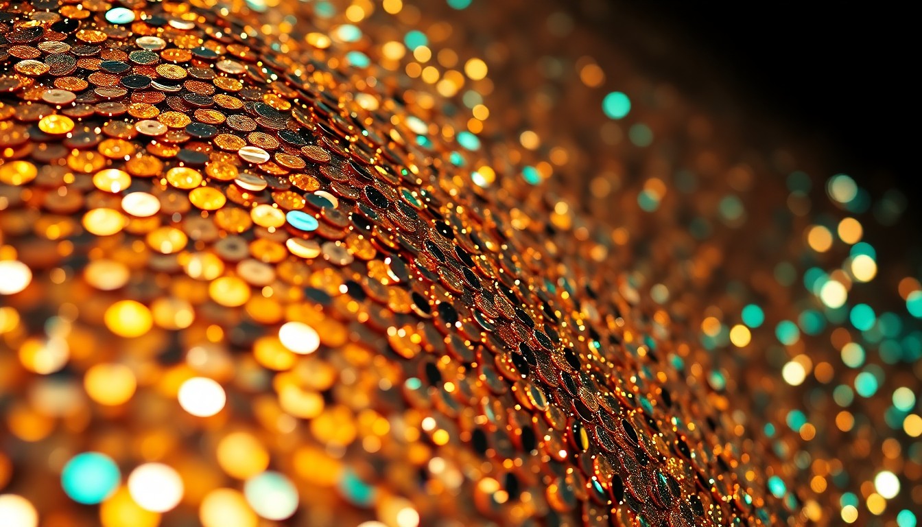 An abstract close-up photograph featuring a dazzling array of high-end materials like sequins and shattered glass, captured in dramatic studio lighting to evoke the glamour and excitement of Netflix's newest film and music content.