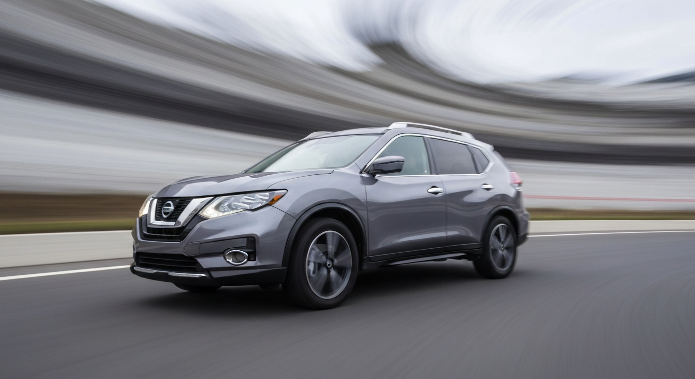 A vibrant, abstract color photograph showing a blurred Nissan Rogue SUV in motion, with streaks of bright colors conveying a sense of speed and modern engineering.