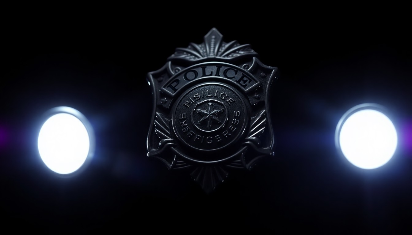 An extreme close-up photograph of a police badge or other law enforcement equipment, lit by a harsh, direct camera flash against a pitch-black background, creating a stark, gritty, investigative aesthetic.
