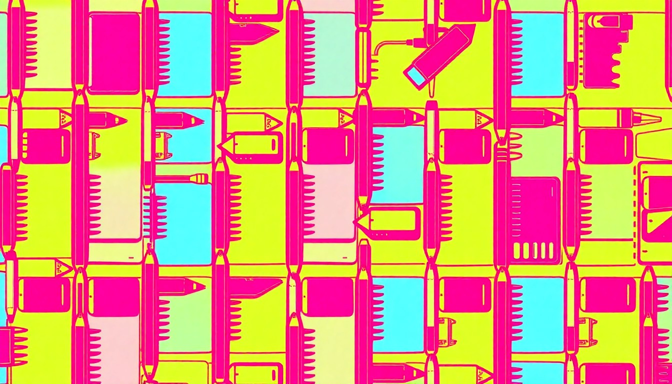 A brightly colored, high-contrast silkscreen print of a single, iconic school supply item such as a pencil or notebook repeated in a tight grid pattern, capturing the lack of competition and diversity in the upcoming Nashville school board elections.