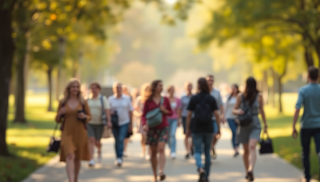An abstract, out-of-focus photograph of a group of people walking together, their figures blurred into soft shapes of warm colors and gentle light, conveying a sense of community and belonging.