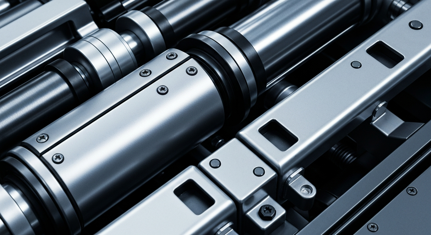 An extreme close-up of industrial banking machinery in shades of silver, black, and steel blue, conveying a sense of institutional strength and security.