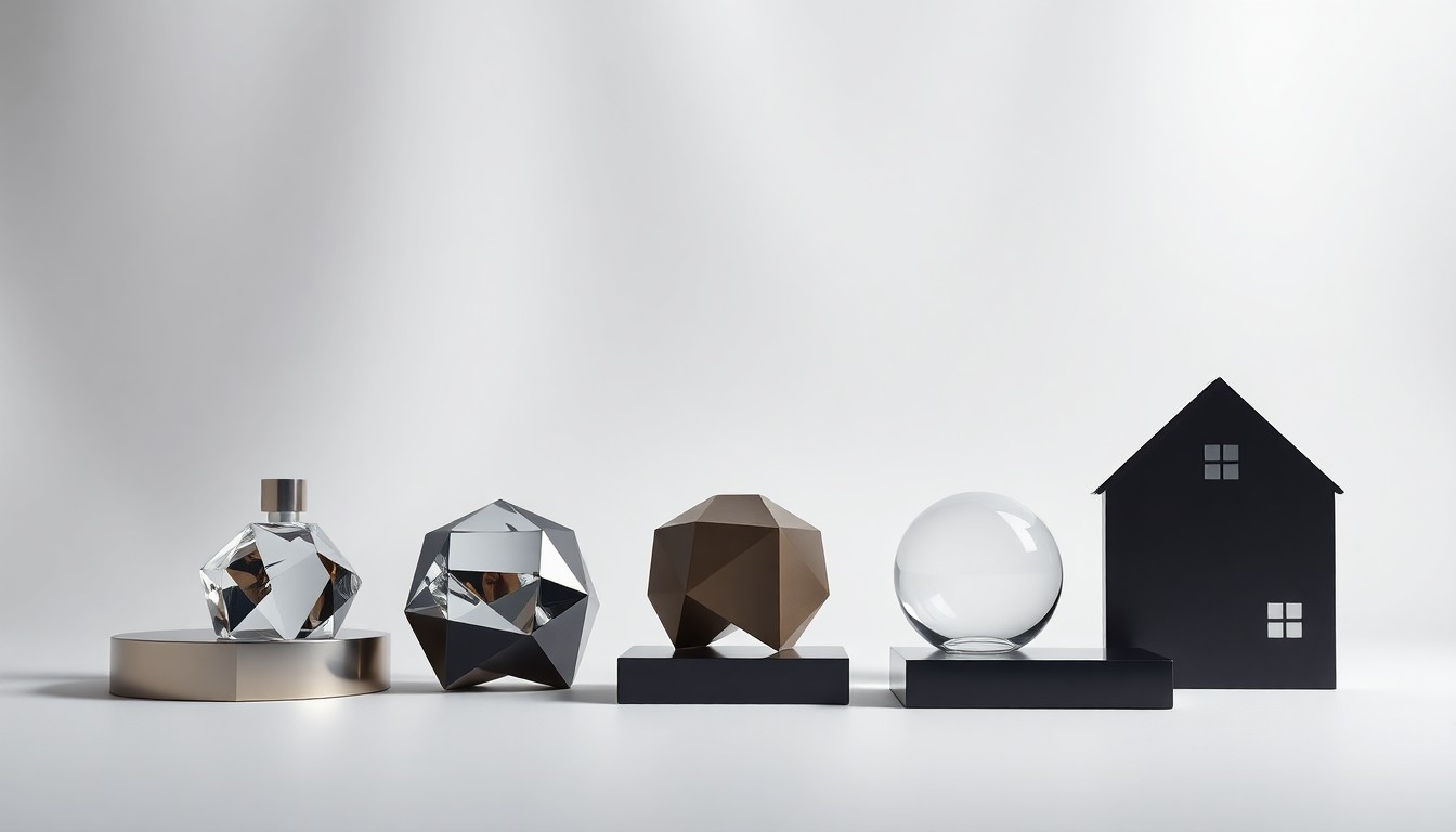 A minimalist studio still life featuring a collection of sleek, geometric objects arranged on a plain white background, symbolizing the complex business negotiations surrounding the Middleburg Training Center.