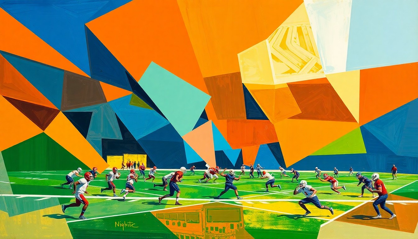 A fragmented, geometric painting depicting a college football scene, with sharp planes of orange, blue, and green overlapping to create a dynamic, abstract composition.