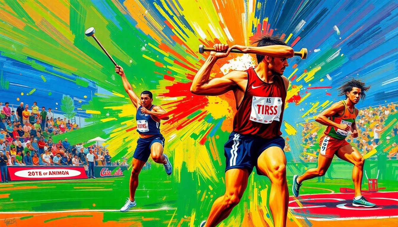 A dynamic, abstract painting in vibrant neon colors, capturing the explosive energy and motion of hammer throwers and javelin competitors in action.