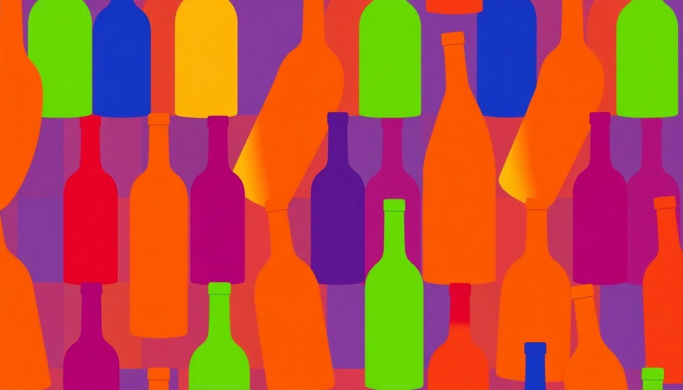 A bold, colorful silkscreen-style illustration featuring a single wine bottle repeated in a grid pattern, representing the vibrant and innovative natural wine industry.
