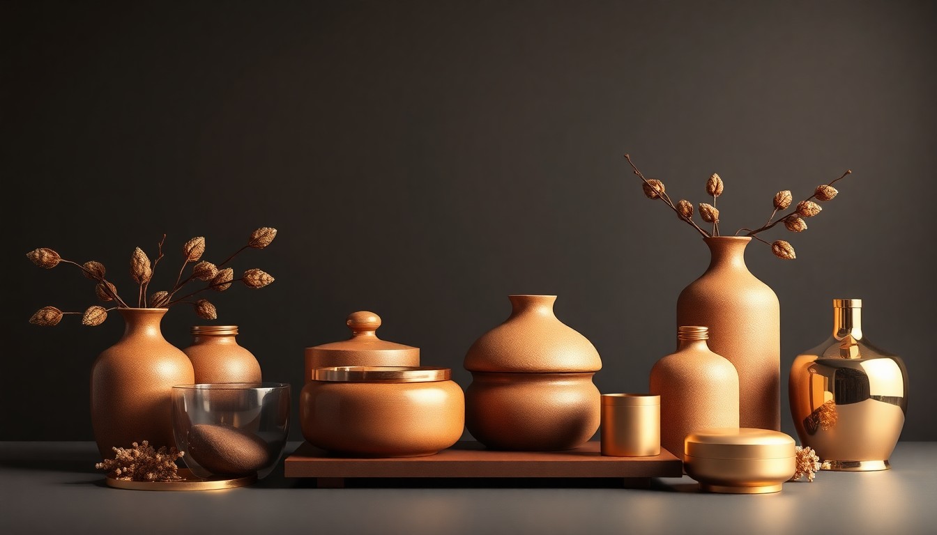 A high-end, photorealistic studio still-life photograph featuring a carefully arranged composition of premium, polished objects in warm earth tones, symbolizing the design and furnishings industry's commitment to supporting cancer patients and survivors.