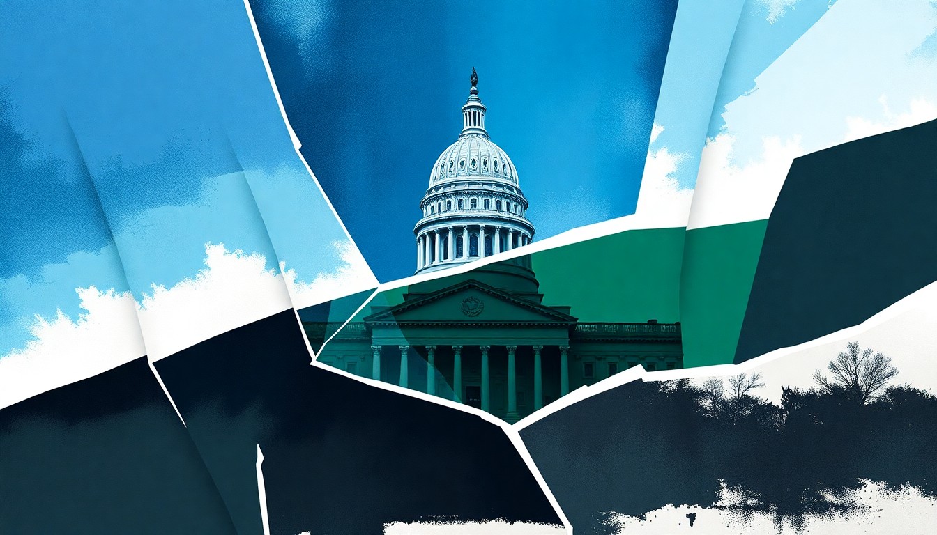 A highly textured, fragmented painting in shades of blue, green, and gray, depicting an abstract state capitol building, conceptually representing the political tensions over gun policies on college campuses.