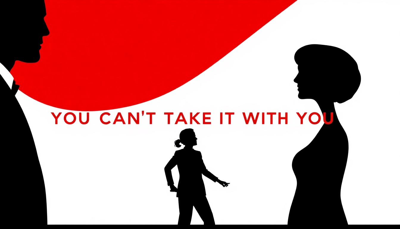 A striking black silhouette of two people in conversation, set against a bold red background, conceptually representing the classic comedy play without using any words or text.