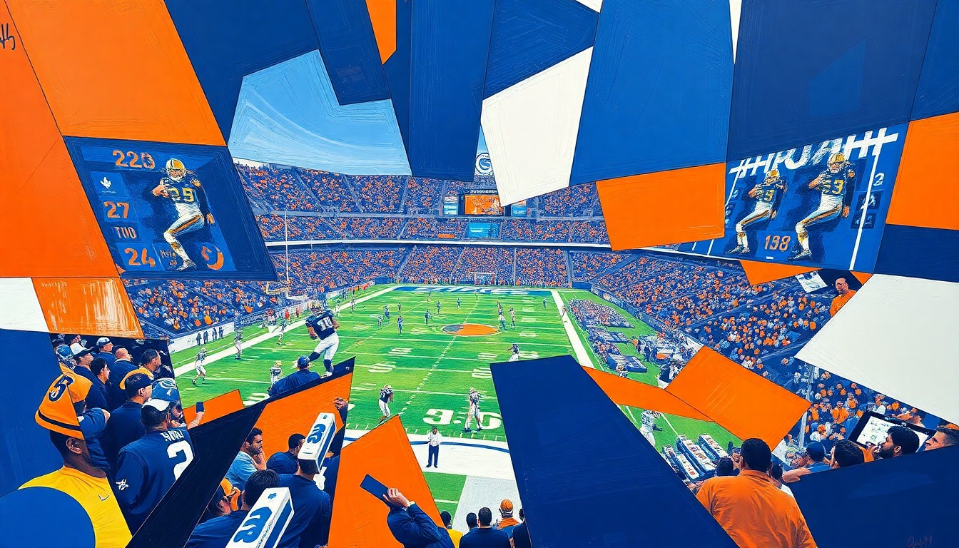A fragmented, geometric painting in shades of navy, orange, and white, capturing the energy and movement of a football game or NFL combine event through sharp, overlapping shapes and planes.