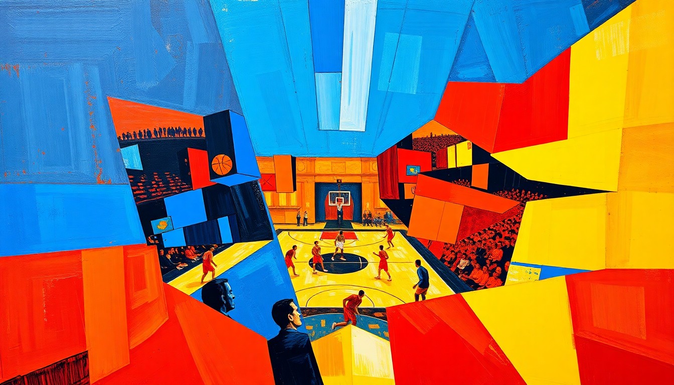 A fractured, cubist-style painting depicting the dynamic movements and energy of a basketball game, with sharp geometric shapes and planes in vibrant colors like blue, red, and yellow.