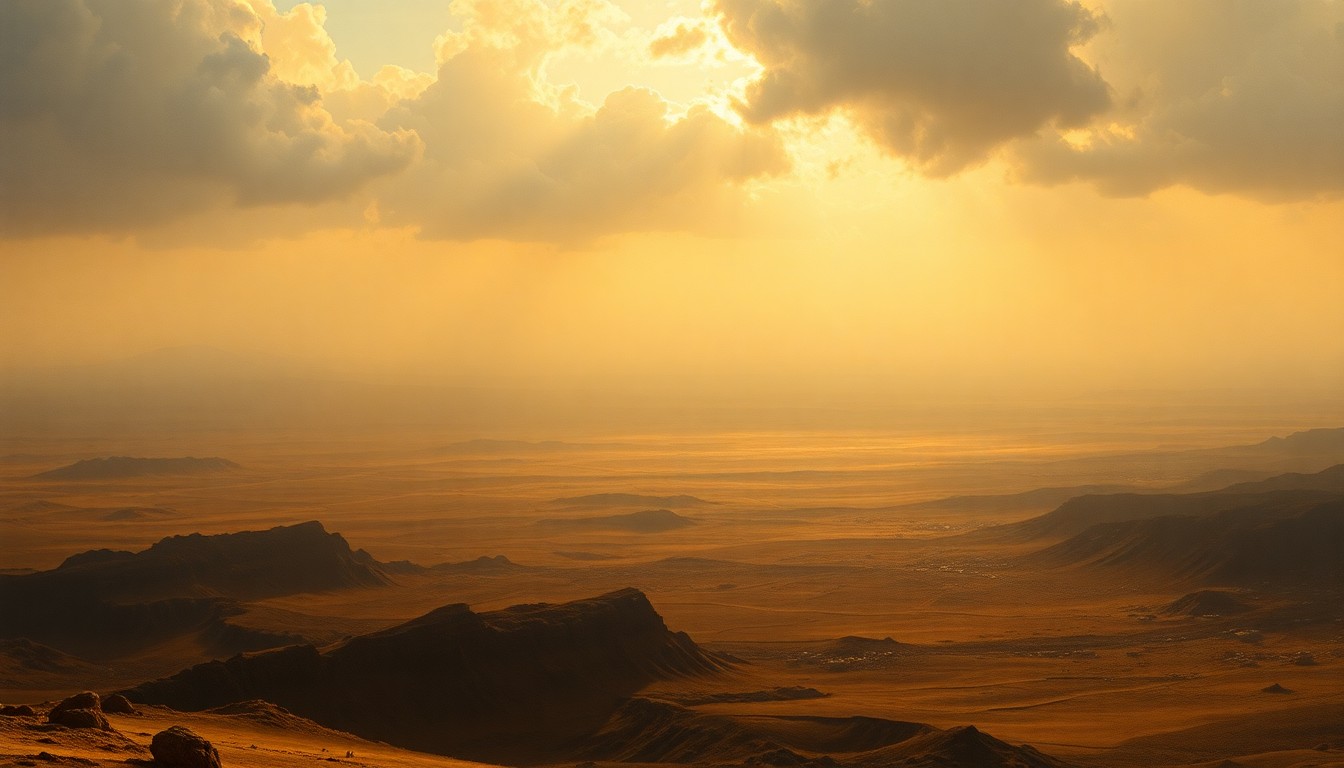 A vast, atmospheric landscape painting in muted tones of orange, yellow, and grey, with a hazy, shimmering horizon line that dwarfs any physical structures or objects in the foreground, conveying the overwhelming scale and sublime power of extreme heat.