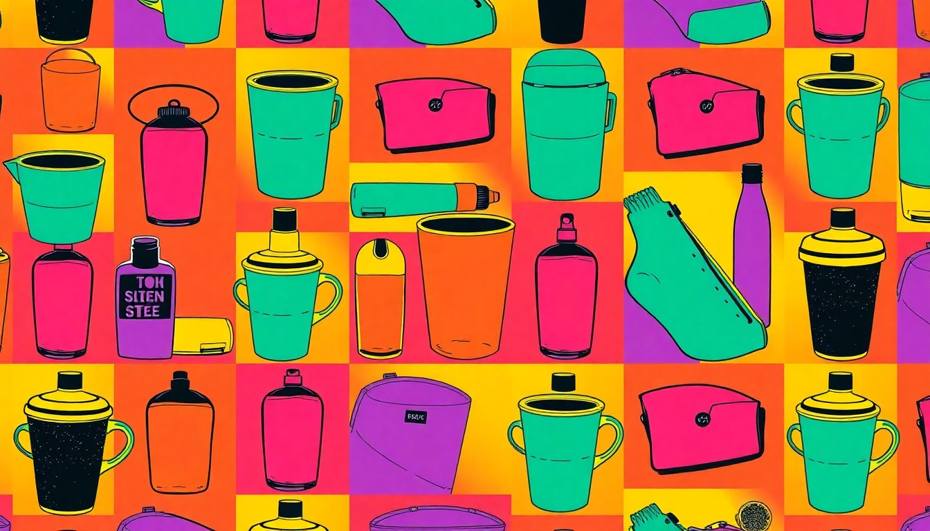 A brightly colored, high-contrast silkscreen print of a single, iconic lifestyle object like a coffee cup or makeup compact, repeated in a tight grid pattern to create a modern pop art representation of everyday consumer habits.