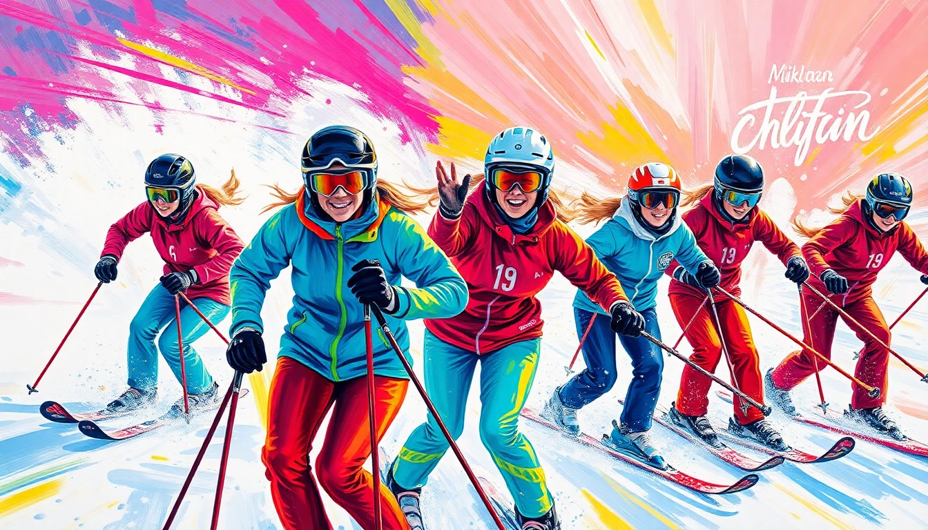 An abstract, energetic painting in neon colors depicting a group of young female skiers on the slopes, with Mikaela Shiffrin's figure emerging from the background, capturing the raw athletic movement and spirit of the event.