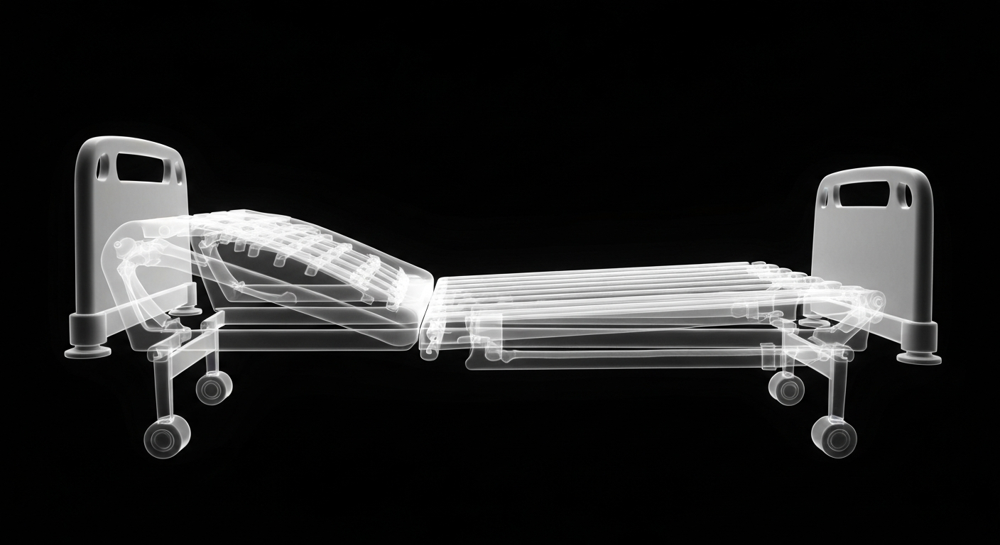 A translucent X-ray photograph shows the skeletal frame of a hospital bed, glowing against a dark background, symbolizing the precarious situation of healthcare institutions facing significant Medicaid funding reductions.