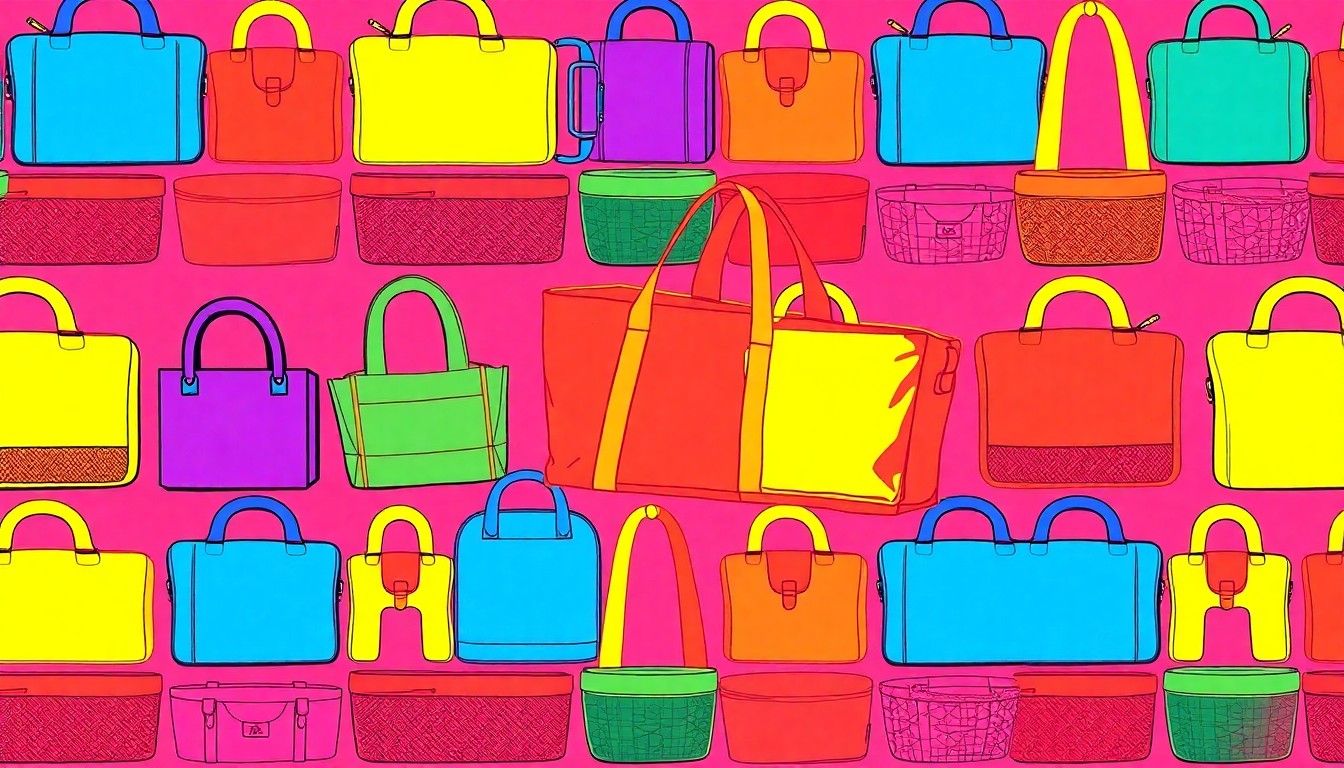 A vibrant, high-contrast silkscreen print featuring a repeated image of a tool bag, grill caddy, or gym bag in a grid pattern, capturing the essence of practical, time-saving Father's Day gifts in a modern pop art style.