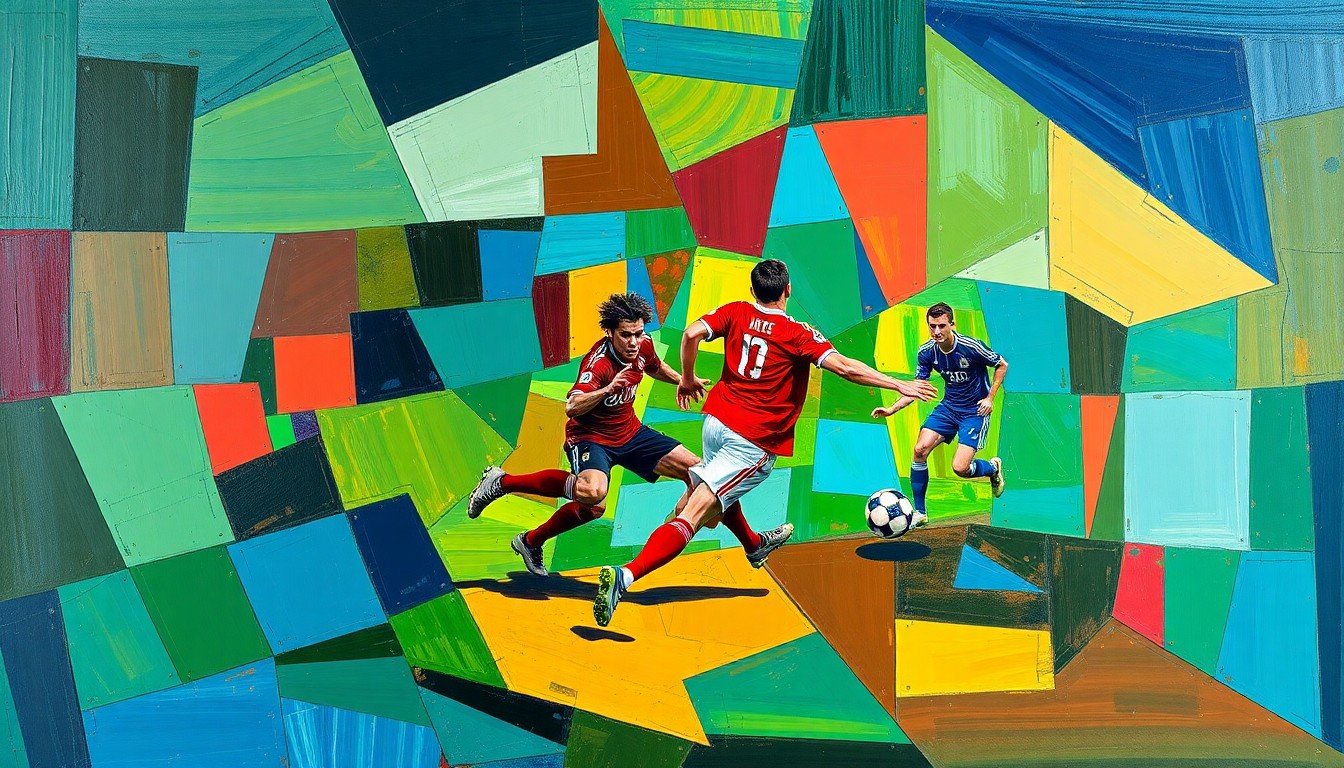 A fragmented, geometric painting in the style of Pablo Picasso, depicting the movements and actions of a soccer player on the field through sharp, overlapping shapes and planes of color.