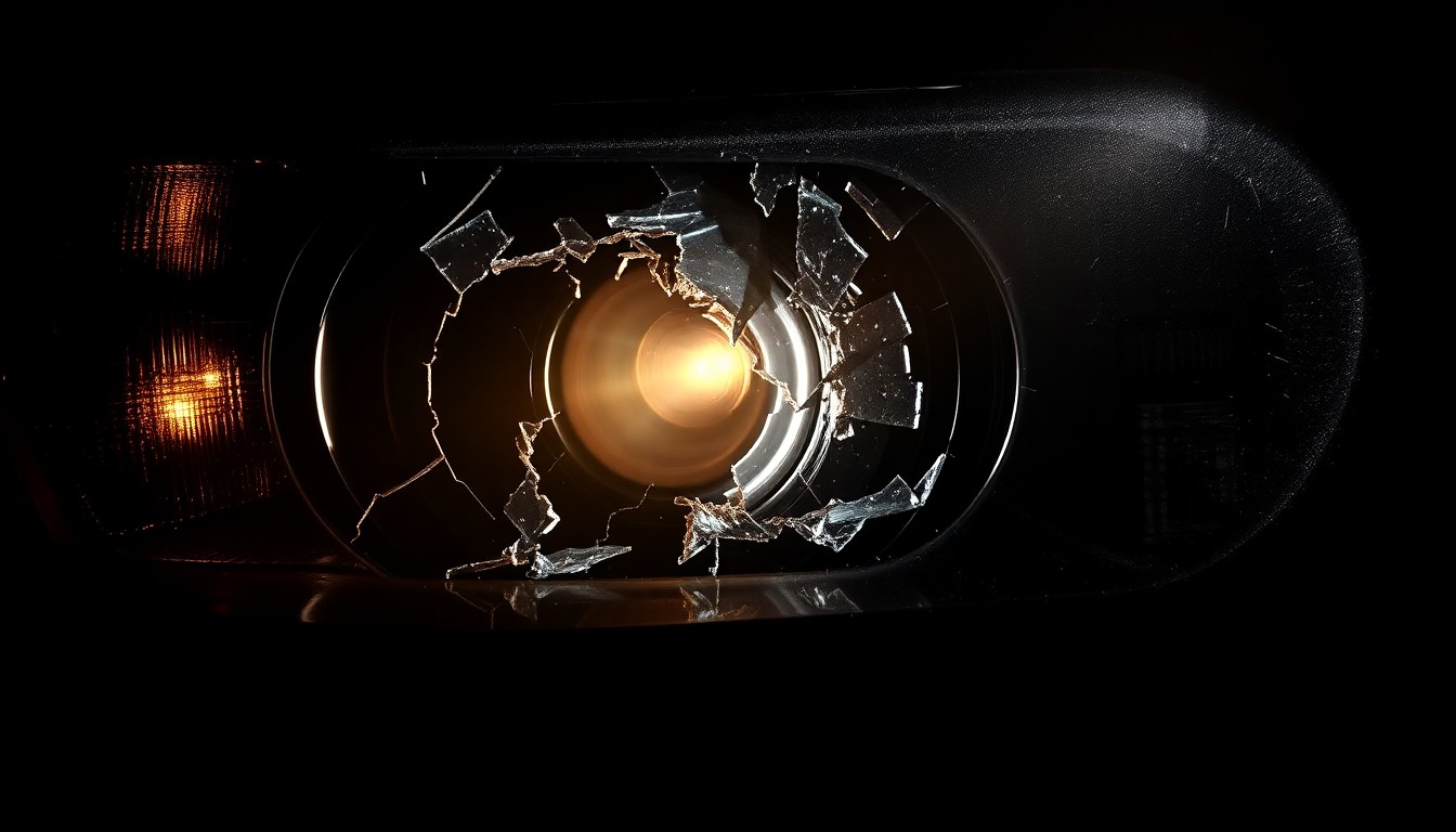 An extreme close-up of a shattered car headlight lens reflecting a harsh, direct flash of light, conceptually illustrating the aftermath of a DUI-related crash.