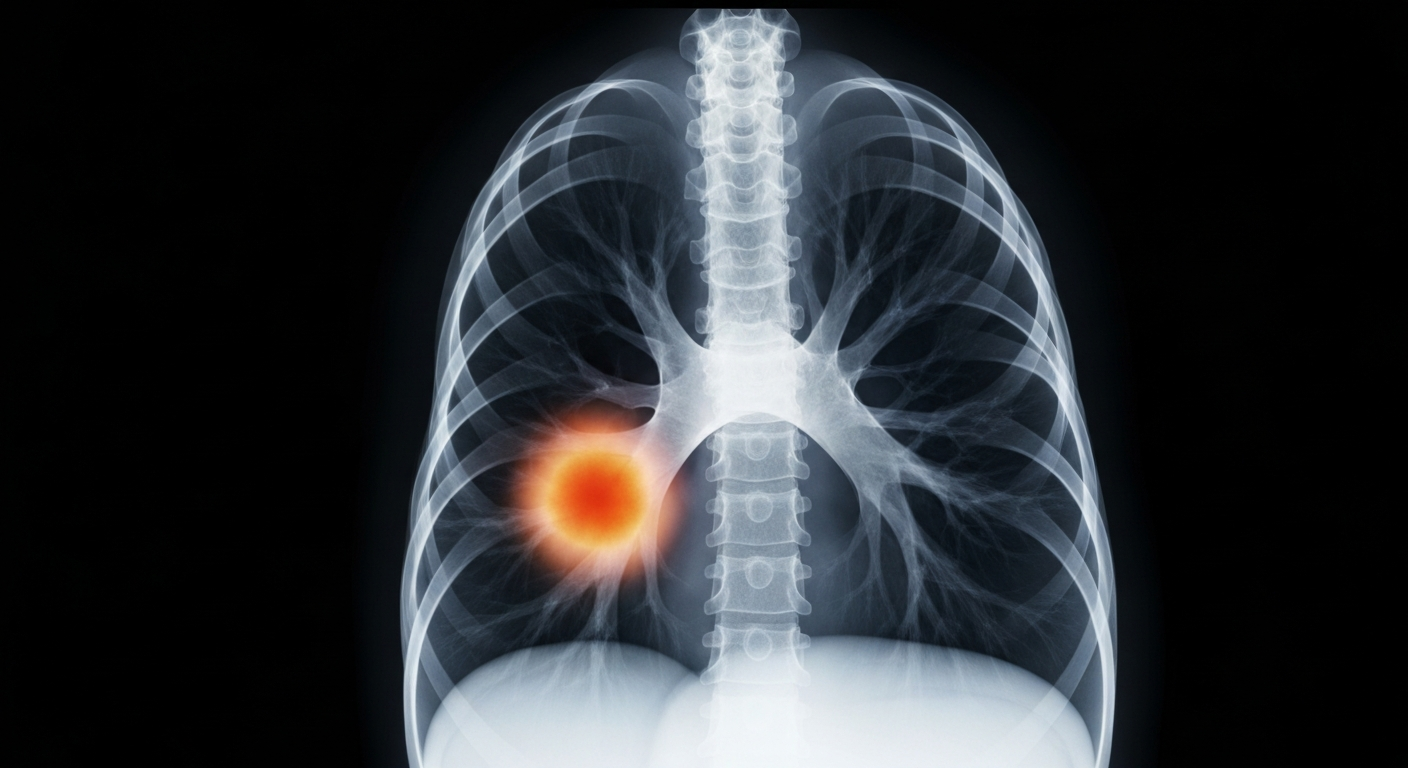 A ghostly, translucent X-ray photograph of a human lung, with the internal structures glowing against a dark background, suggesting the presence of tuberculosis.