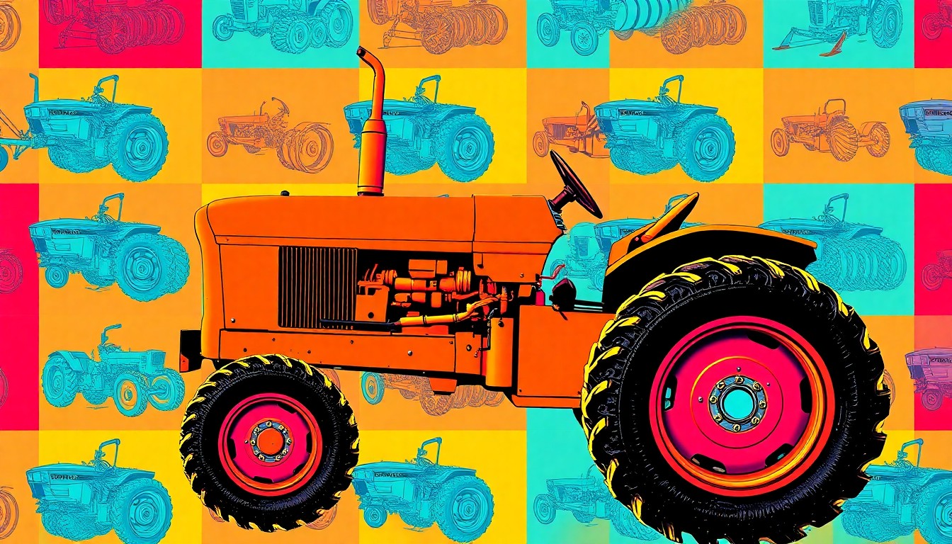 A grid of brightly colored, high-contrast silkscreen images of a single farming tool or object, such as a tractor or crop, repeated in a stylized, abstract pattern reminiscent of Andy Warhol's iconic pop art.