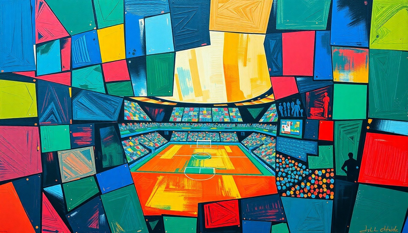 A fragmented, geometric painting in shades of blue, green, and red, depicting a conceptual scene of a soccer stadium or match, with the shapes and planes representing the comprehensive security measures being discussed by authorities.