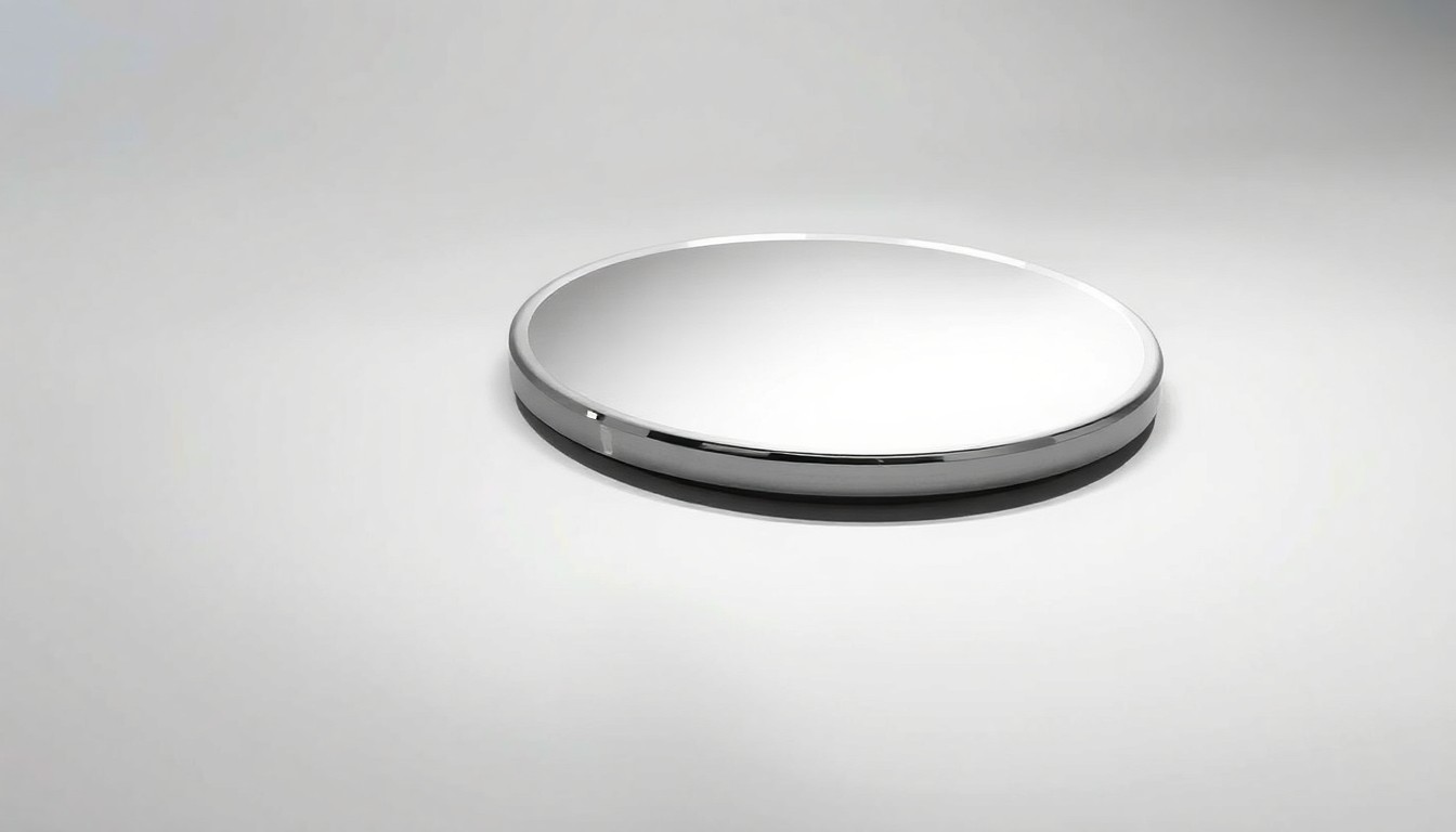 A polished, chrome septic tank lid resting on a clean, monochromatic background, reflecting soft, dramatic studio lighting to convey a sense of premium quality and attention to detail.