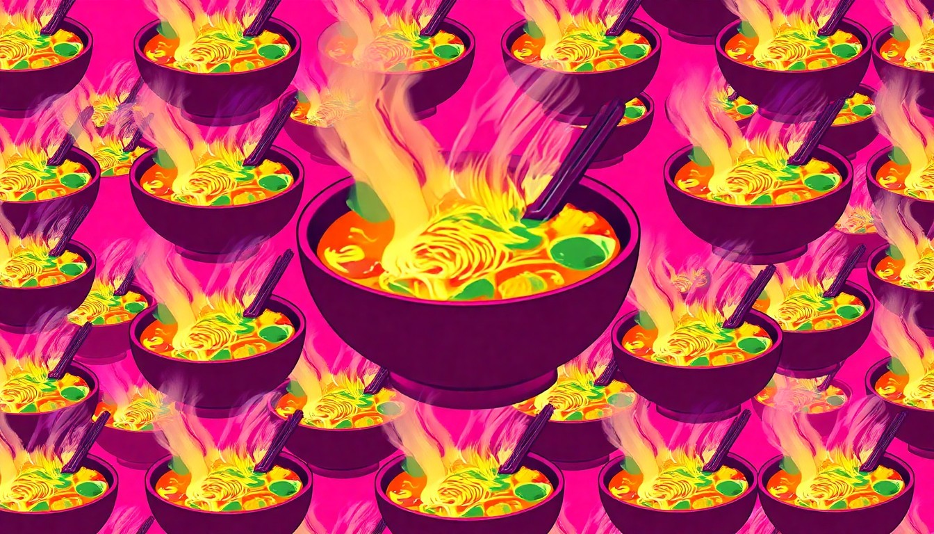 A vibrant, abstract silkscreen print featuring a repeating pattern of a steaming bowl of pho noodles in bold, neon colors, conceptually representing the introduction of authentic Vietnamese cuisine to the local area.