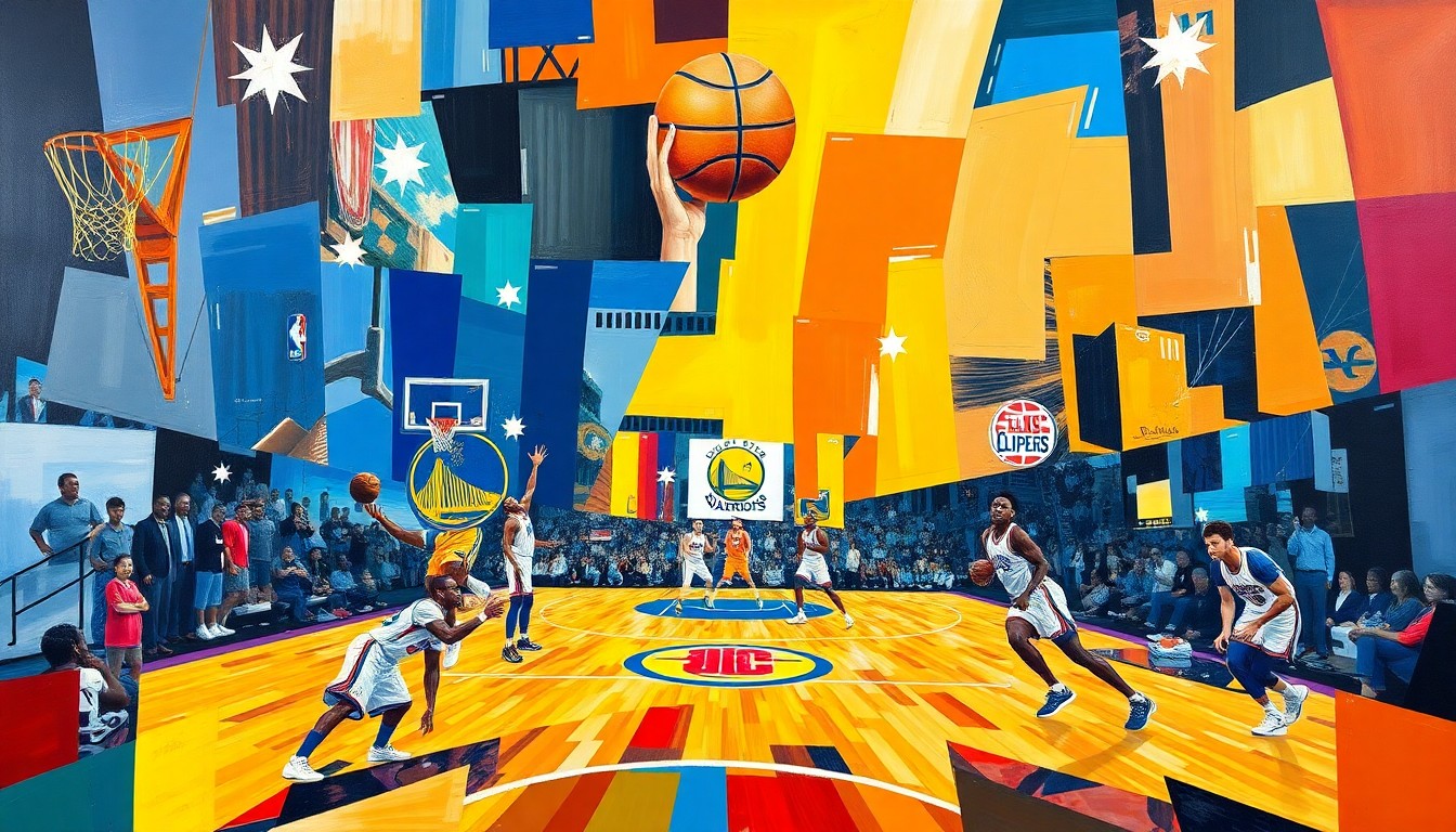 A fractured, cubist-style painting depicting an NBA basketball game, with the players and court broken down into sharp, overlapping geometric shapes and planes in vibrant colors representing the teams involved.