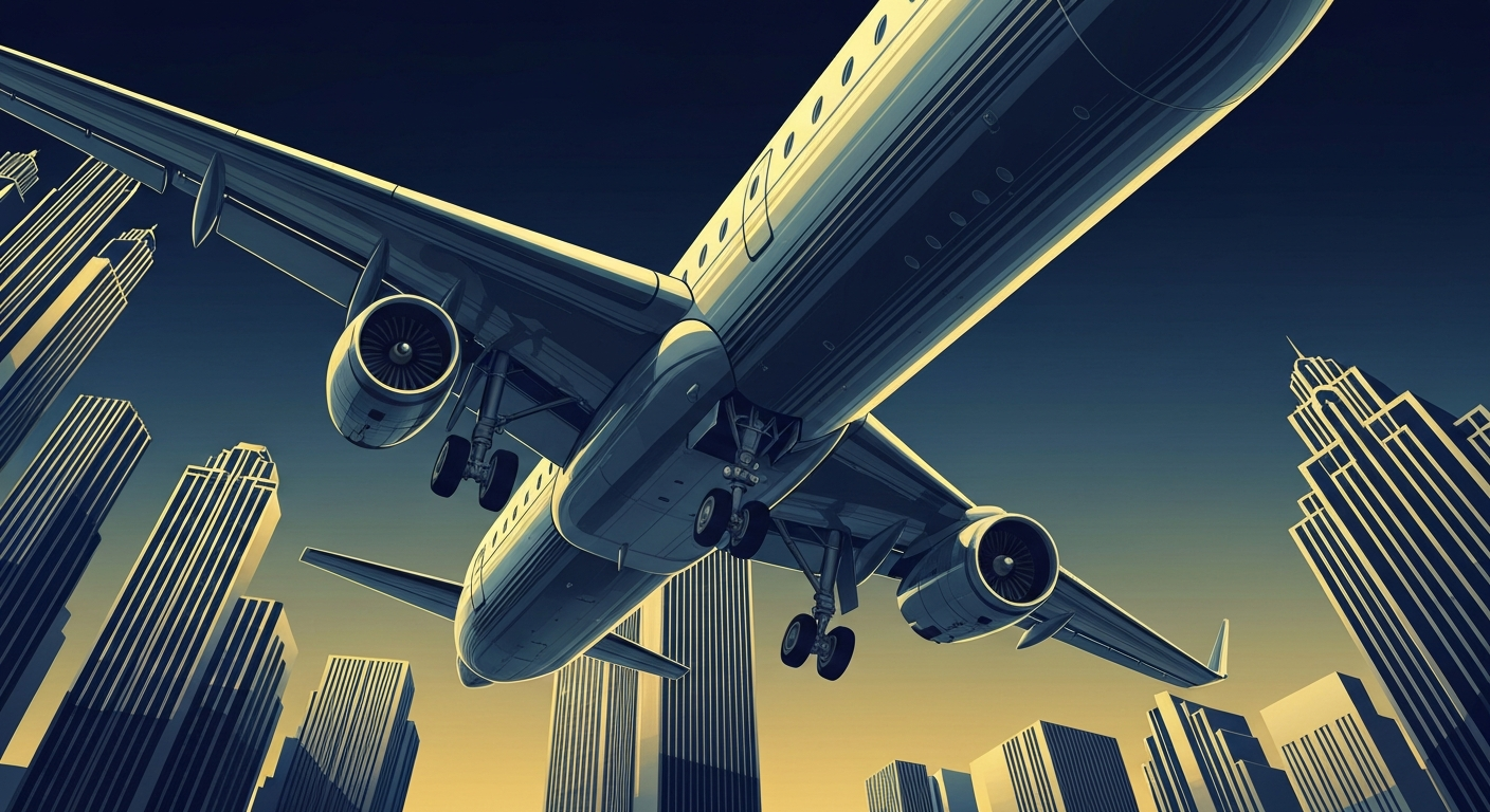 A bold, geometric Art Deco-style illustration showing the silhouette of a sleek, streamlined airplane soaring above a stylized cityscape in shades of blue and gold, capturing the grand scale and romance of air travel.