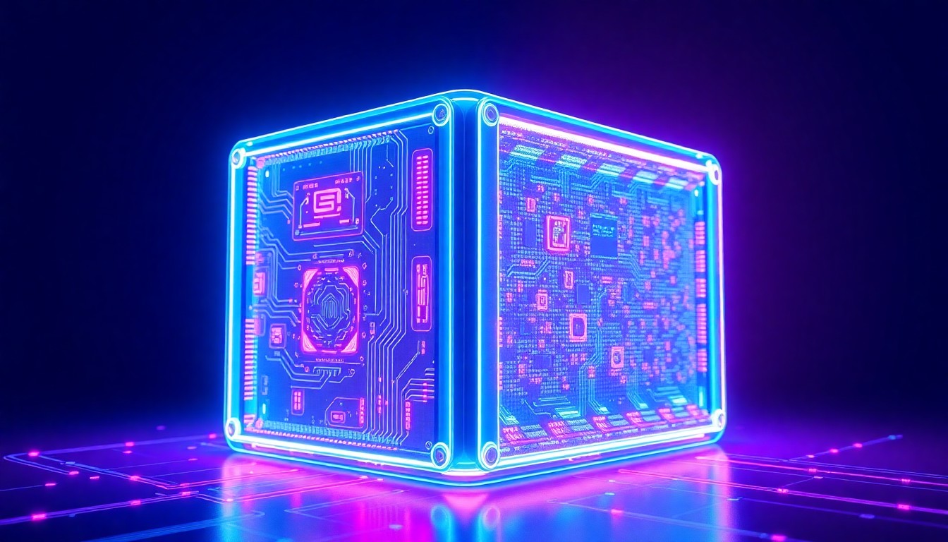 A highly detailed 3D illustration of a glowing, futuristic data processing unit in shades of cyan and magenta, representing the powerful AI-driven technology that powers Ventify's people intelligence platform.