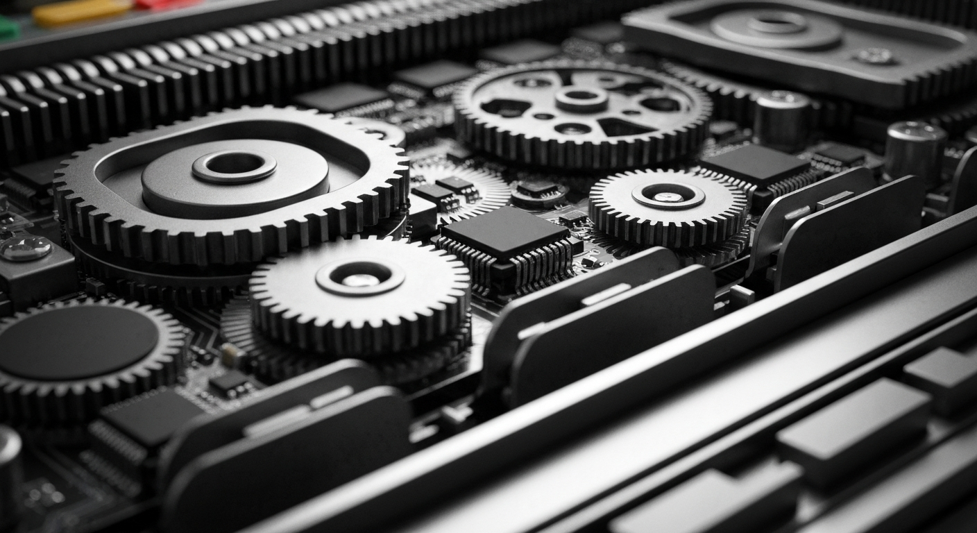 A cinematic close-up of the inner workings of a digital payment processing machine, with gears, circuits, and metallic components filling the frame, conceptually representing the complex financial infrastructure behind online transactions.