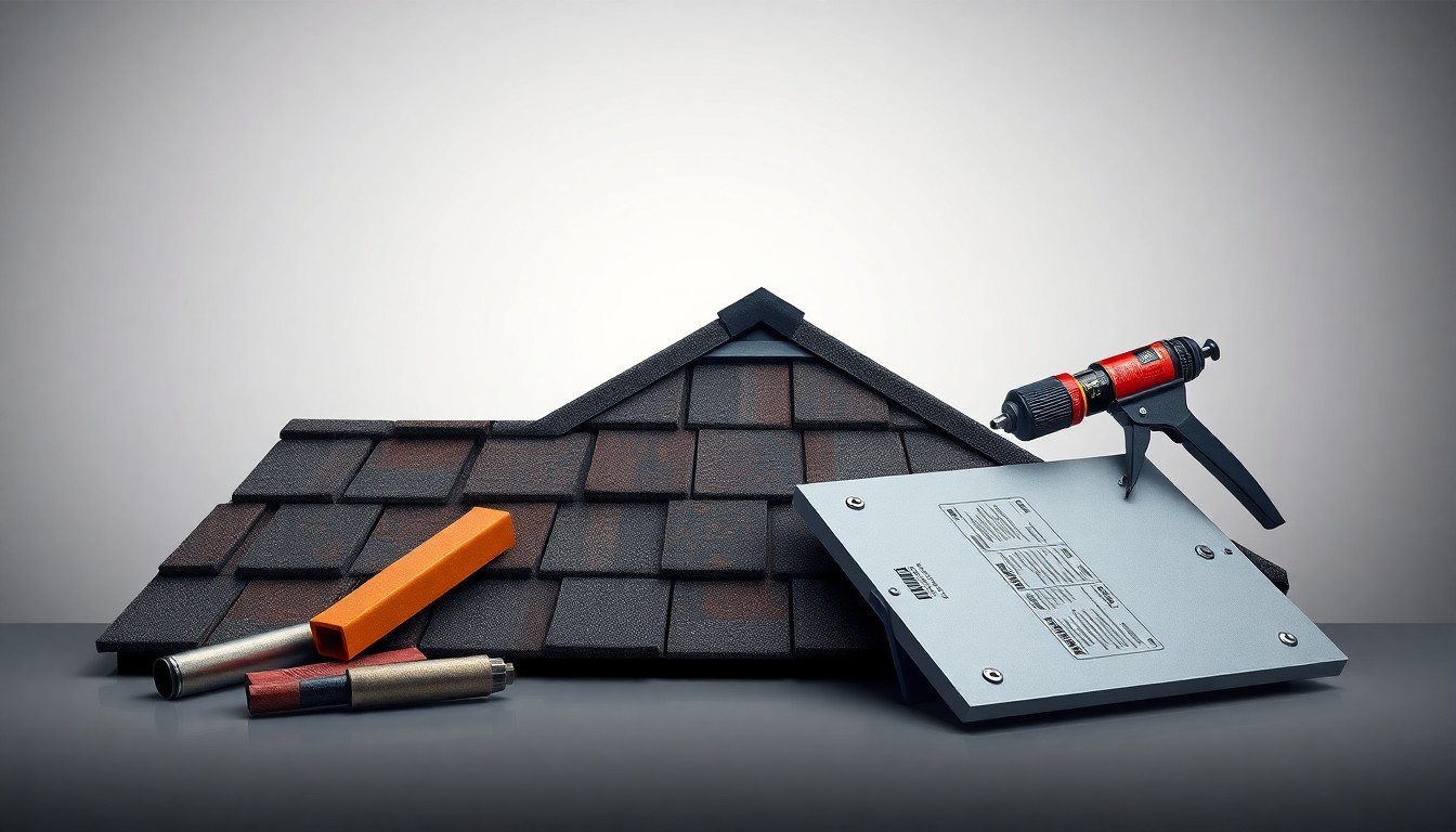 A high-end, photorealistic studio still-life photograph featuring a collection of premium roofing materials and tools, including shingles, flashing, and a caulking gun, arranged elegantly on a clean, monochromatic background, conceptually representing the attention to detail and expertise required for professional roof repair.