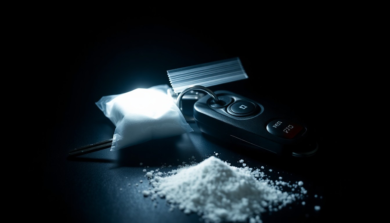 An extreme close-up photograph of a set of car keys and a small plastic bag containing white powder, captured with a harsh, direct camera flash against a pitch-black background, conceptually representing the discovery of evidence during a police investigation.