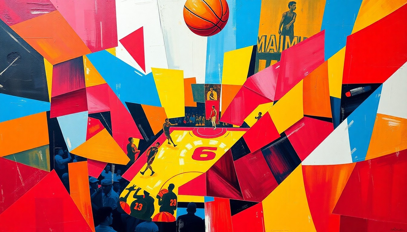 A cubist, geometric painting in shades of red, yellow, and blue, depicting the chaotic energy and overlapping action of a basketball game, representing the Miami Heat's high-stakes journey through the NBA Play-In Tournament.