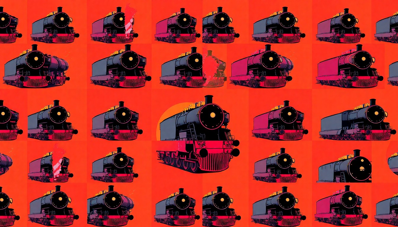 A bold, colorful silkscreen-style illustration featuring a vintage steam locomotive repeated in a grid pattern, capturing the iconic imagery of Chicago's rail history in a modern pop art aesthetic.