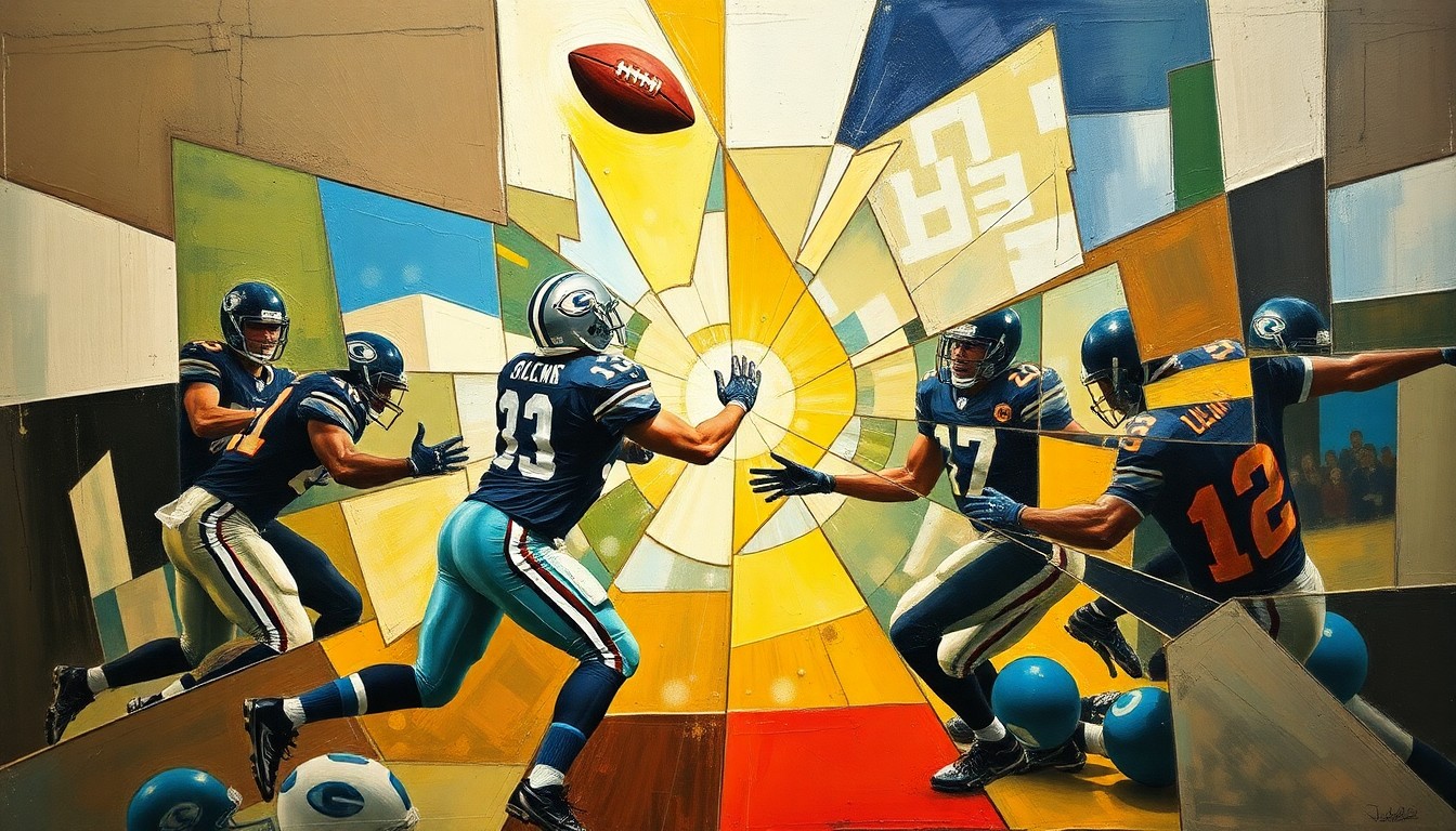 A fragmented, geometric painting depicting the abstract motion and energy of a defensive back intercepting a pass, conveying the playmaking ability the Bears hope to find in the draft.