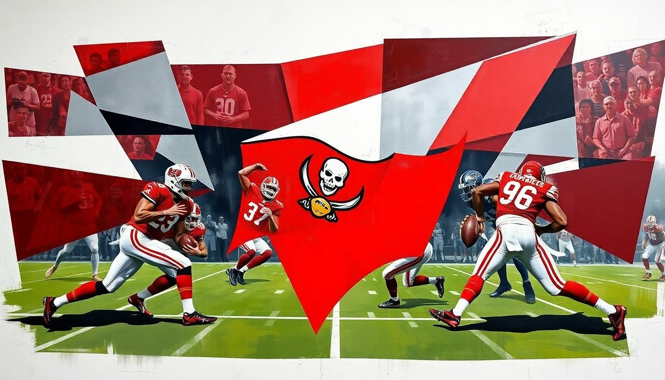 A cubist, geometric painting featuring overlapping planes of red, pewter, and white, conceptually representing the fractured and unpredictable nature of the Buccaneers' upcoming draft decisions.