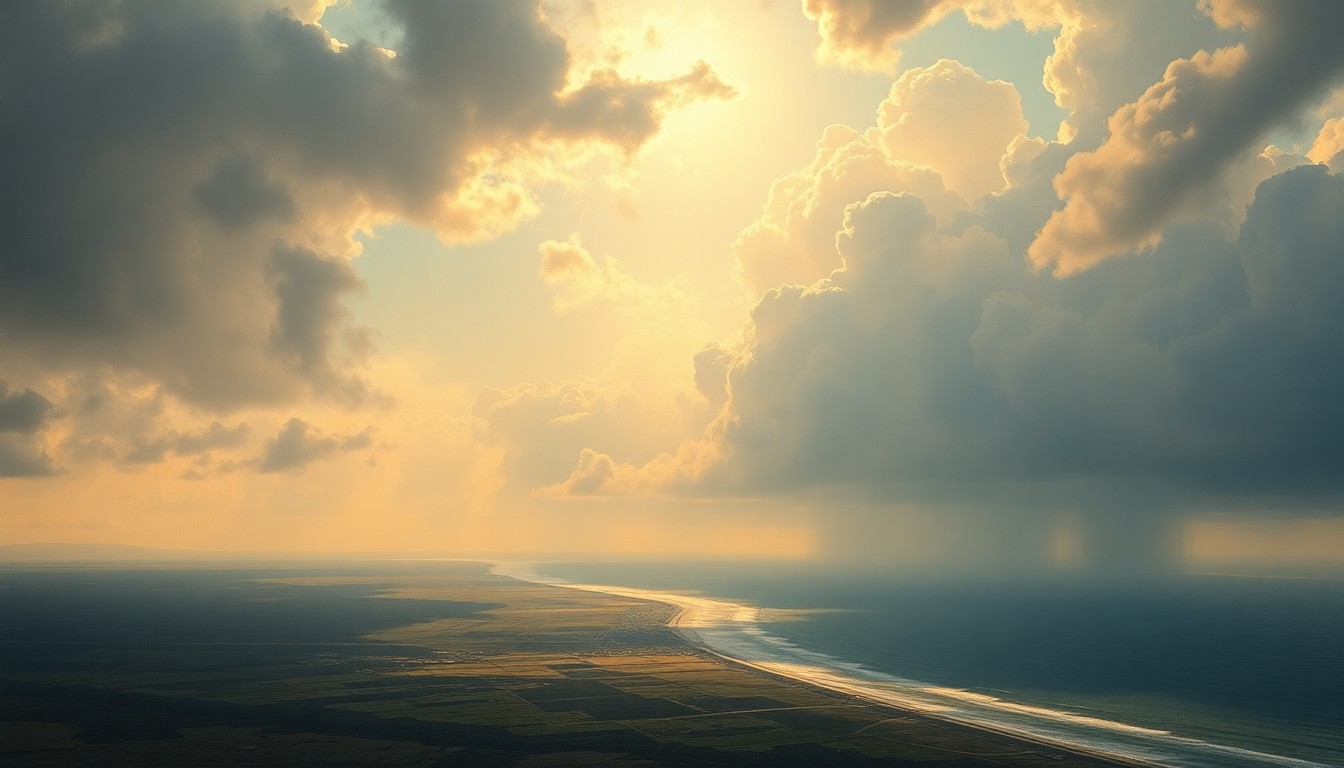 A vast, majestic landscape painting featuring a dramatic, sun-drenched sky and faintly visible coastline in the distance, conveying the overwhelming scale and power of nature.