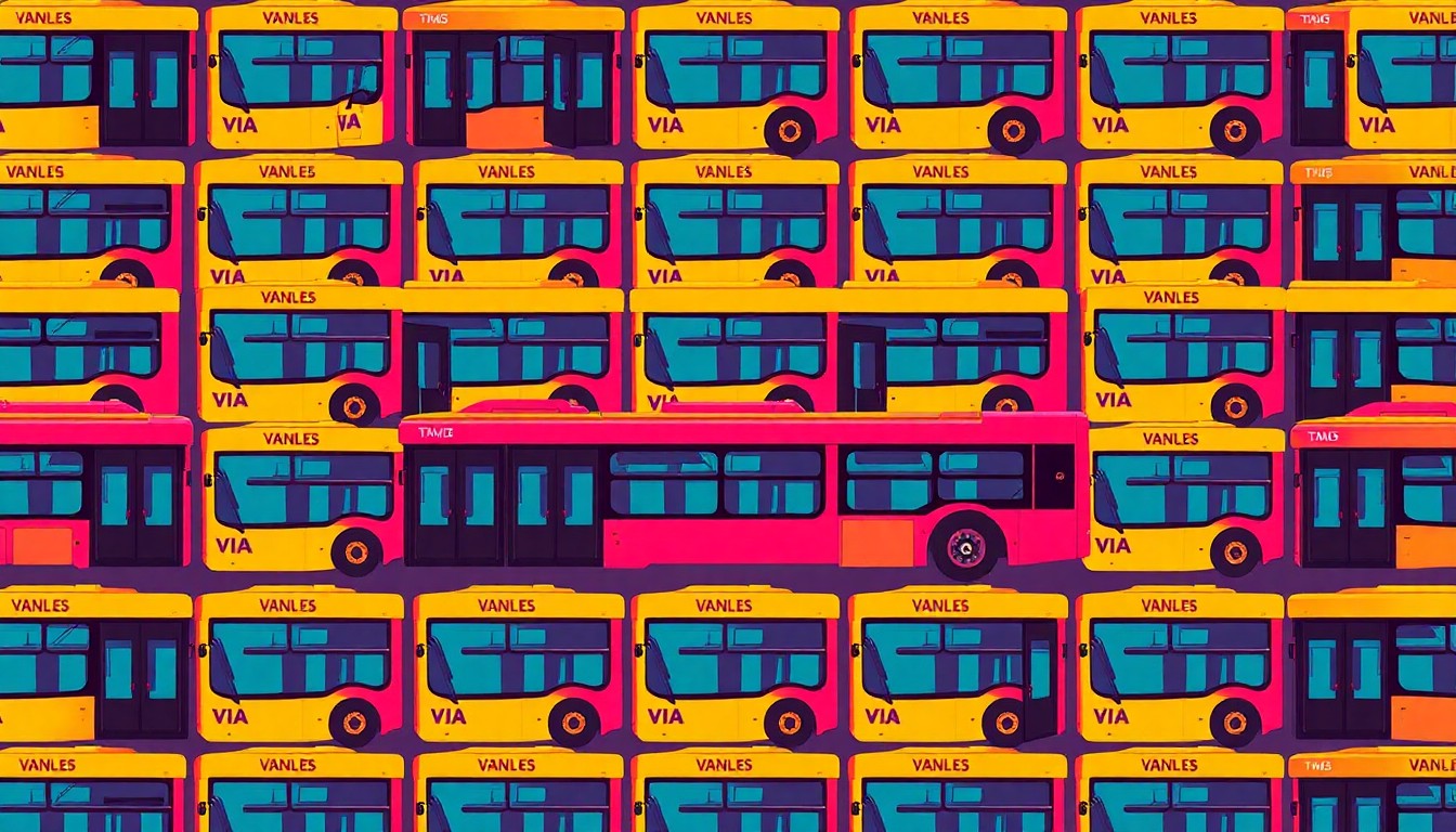 A bold, colorful silkscreen-style illustration of a VIA Metropolitan Transit bus repeated in a grid pattern, capturing the celebratory energy and inclusive spirit of San Antonio's Fiesta festival.