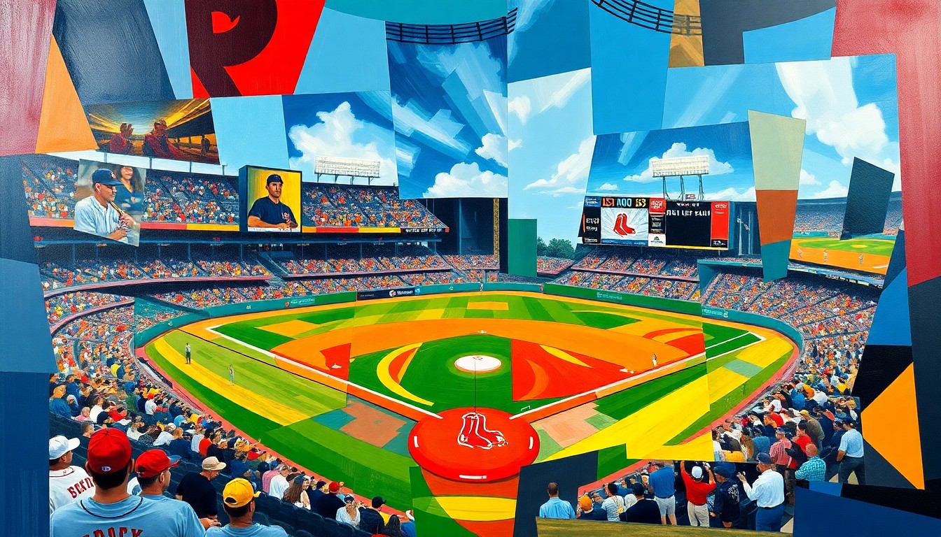 A cubist, geometric painting depicting a baseball game or match, with overlapping planes of vibrant colors representing the teams in action, capturing the energy and movement of the sport in an abstract, deconstructed style.