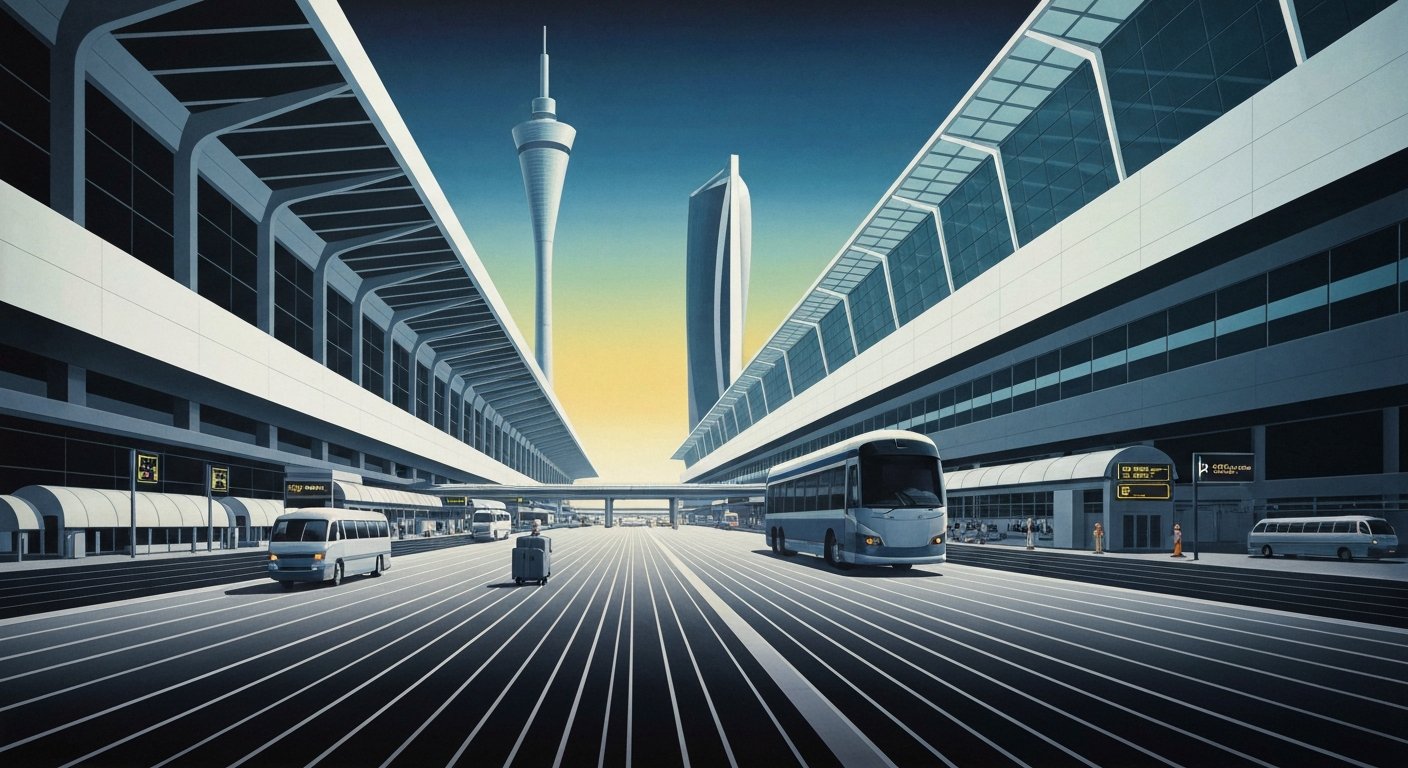 A highly stylized, geometric illustration depicting the towering scale and sweeping perspectives of modern airport architecture, conceptually representing the challenges facing international travel amid new government advisories and staffing issues.