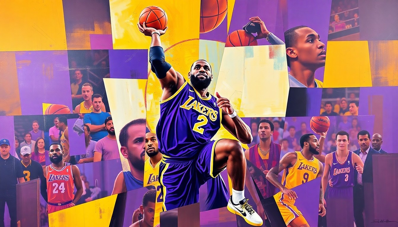 A fractured, geometric painting in vibrant colors depicting the dynamic movements and record-breaking achievements of basketball player LeBron James, conceptually representing his lasting impact on the sport.