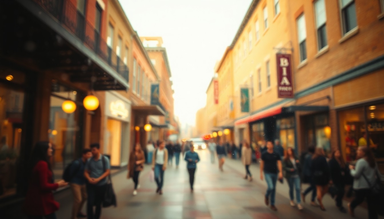 An abstract, impressionistic scene of a lively college town street with blurred figures, buildings, and storefronts in warm, soft-focus tones, conveying the energy and community of State College.